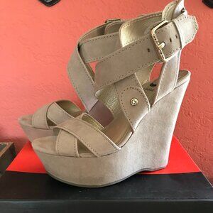G By GUESS Tan Faux Suede Platform Strappy Sandals Size 5.5